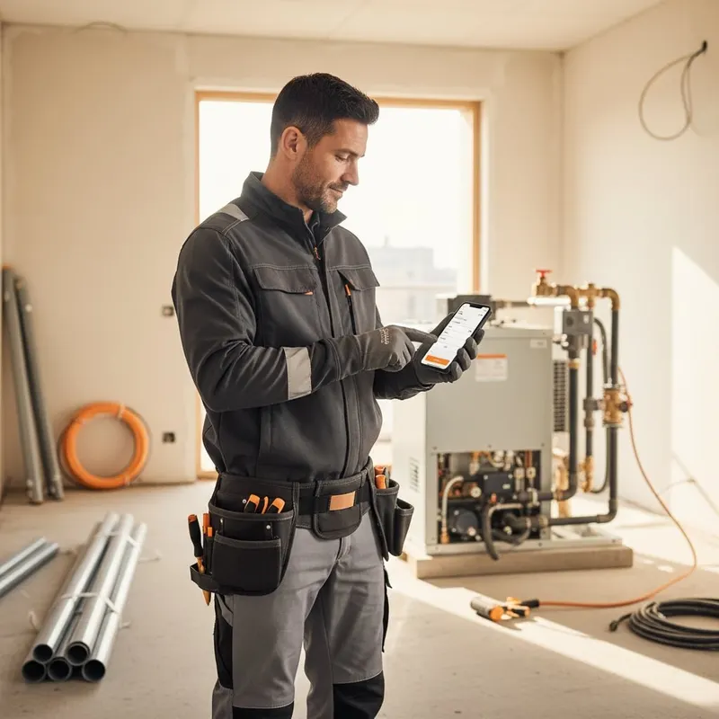 Handwerker bedient eine App auf seinem Smartphone auf einer Baustelle