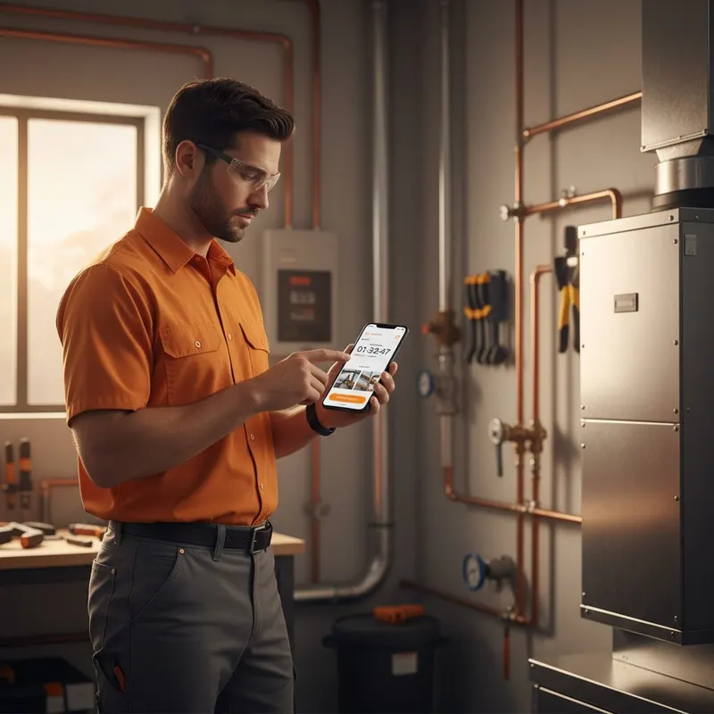 Handwerker bedient die App zur Zeiterfassung auf einer Baustelle