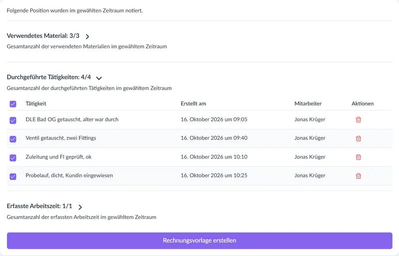 Screenshot der Software-Ansicht zur Übersicht von Tätigkeiten und Materialien in heynote!