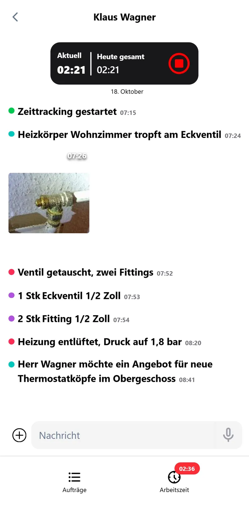 Kundenverlauf in heynote! mit Zeiten, Tätigkeiten, Material und Foto – fiktives Testkonto