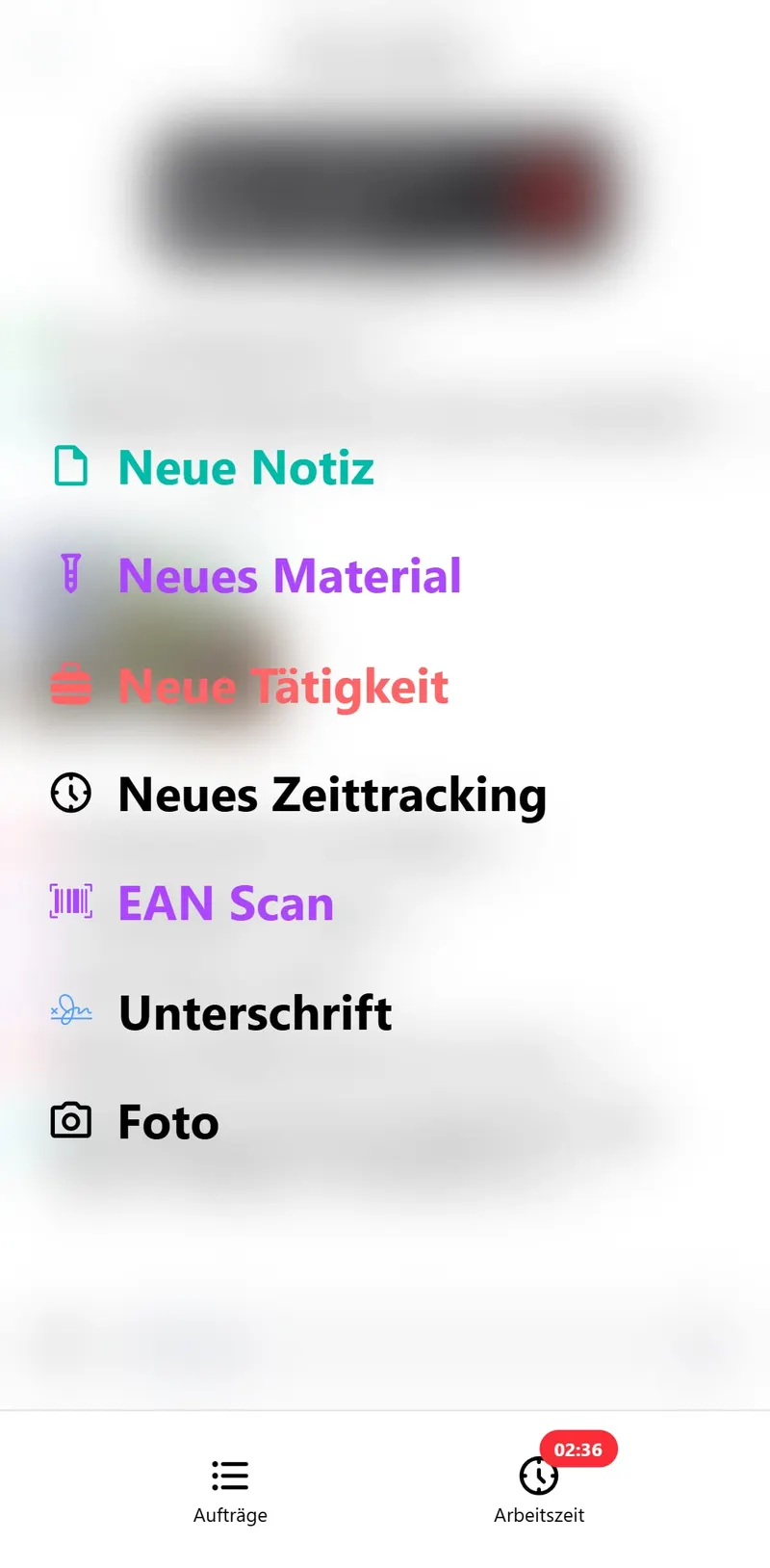 Erfassungsmenü in heynote! für Notizen, Material, Tätigkeiten und EAN-Scan – fiktives Testkonto