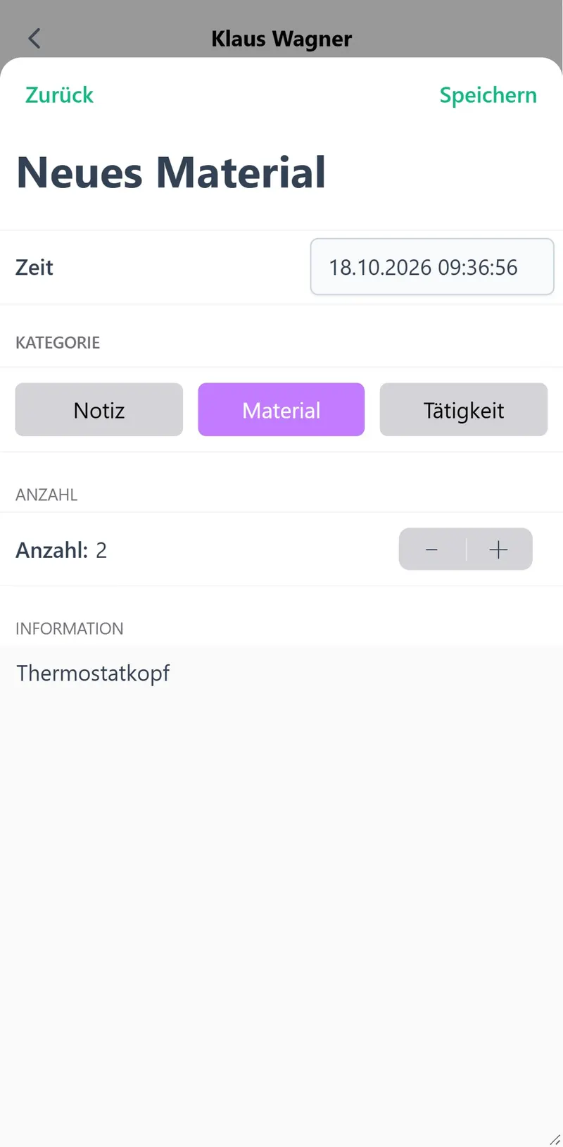 Material mit Menge in heynote! eintragen – fiktives Testkonto