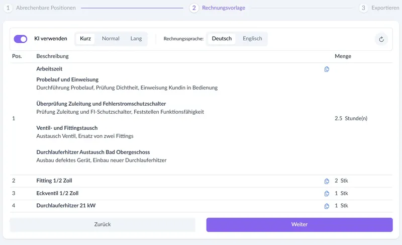 Rechnungsvorlage mit kurzem Leistungstext im heynote!-Backoffice – fiktives Testkonto