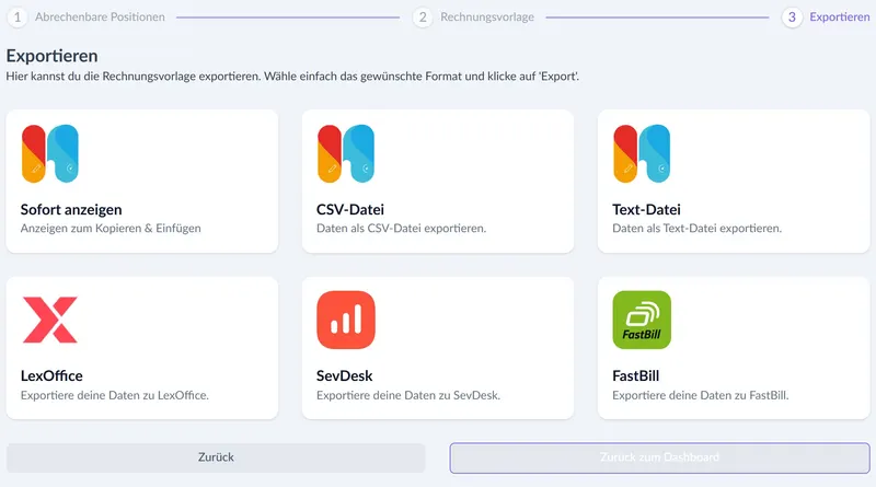 Exportmöglichkeiten im heynote!-Backoffice – fiktives Testkonto