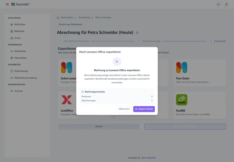Rechnungsvorlage aus heynote! an Lexware Office übergeben – fiktives Testkonto