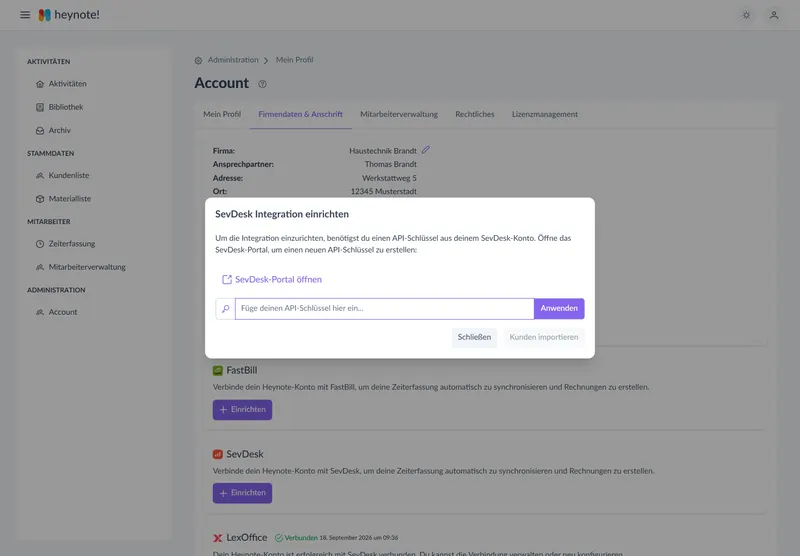 sevdesk-Anbindung im heynote!-Backoffice einrichten – fiktives Testkonto