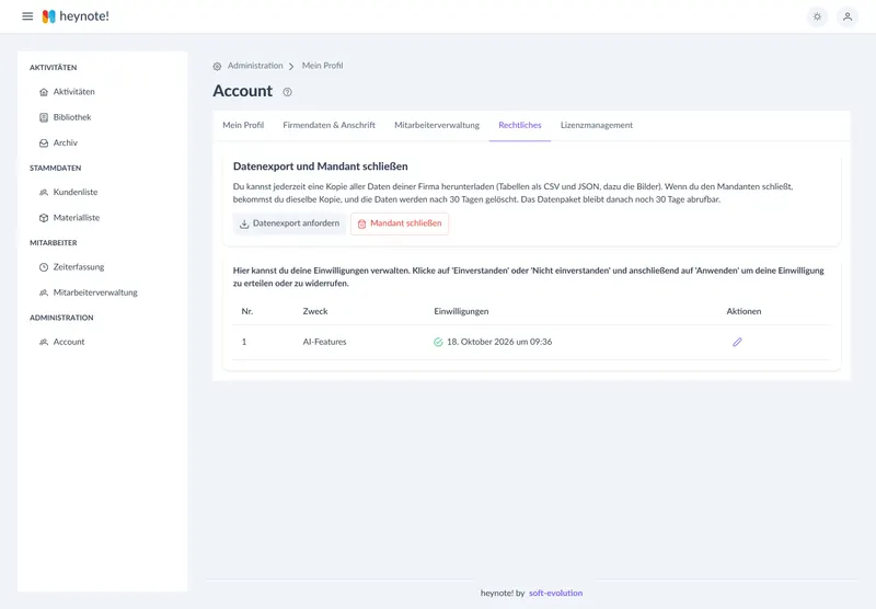 Einwilligung zur KI und Datenexport im heynote!-Backoffice – fiktives Testkonto
