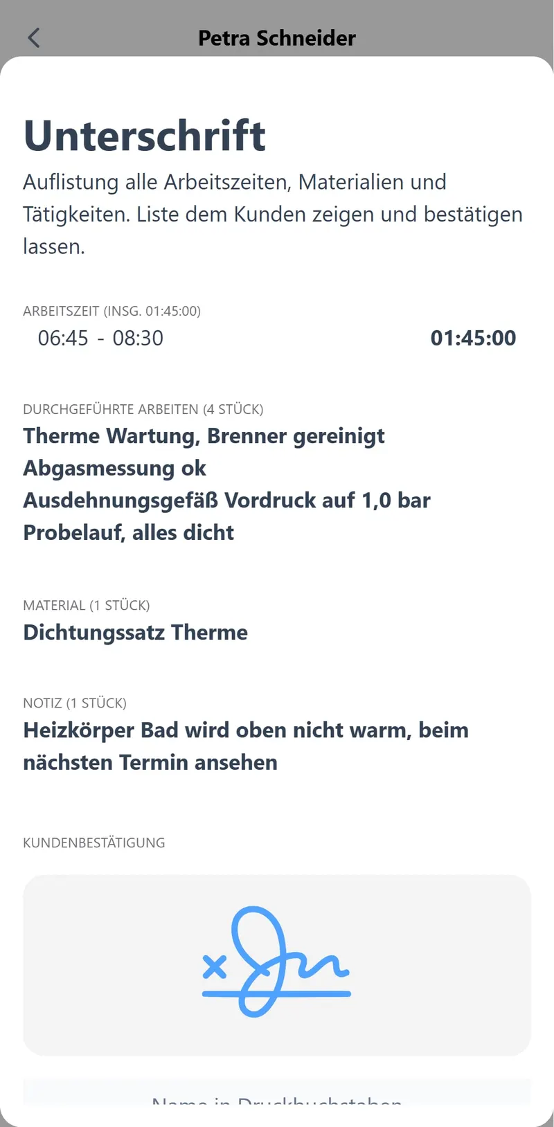 Arbeitsbestätigung in heynote! am Handy – fiktives Testkonto