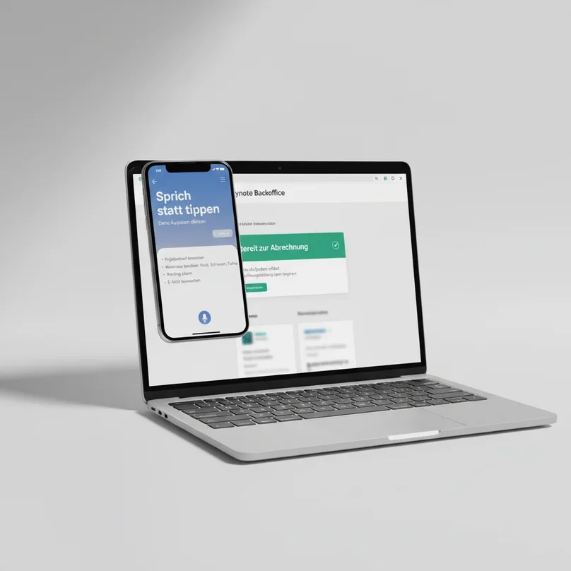 Heynote! Sprach-zu-Text: Smartphone mit Live-Transkript neben Backoffice-Ansicht ‚Bereit zur Abrechnung‘