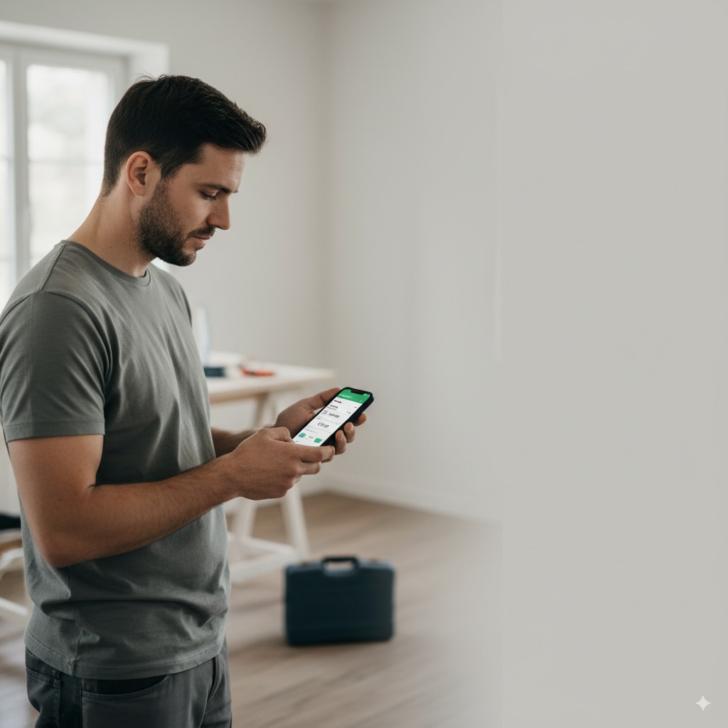 Handwerker App Zeiterfassung: Smartphone mit laufender Zeiterfassung neben Werkzeug – Heynote!