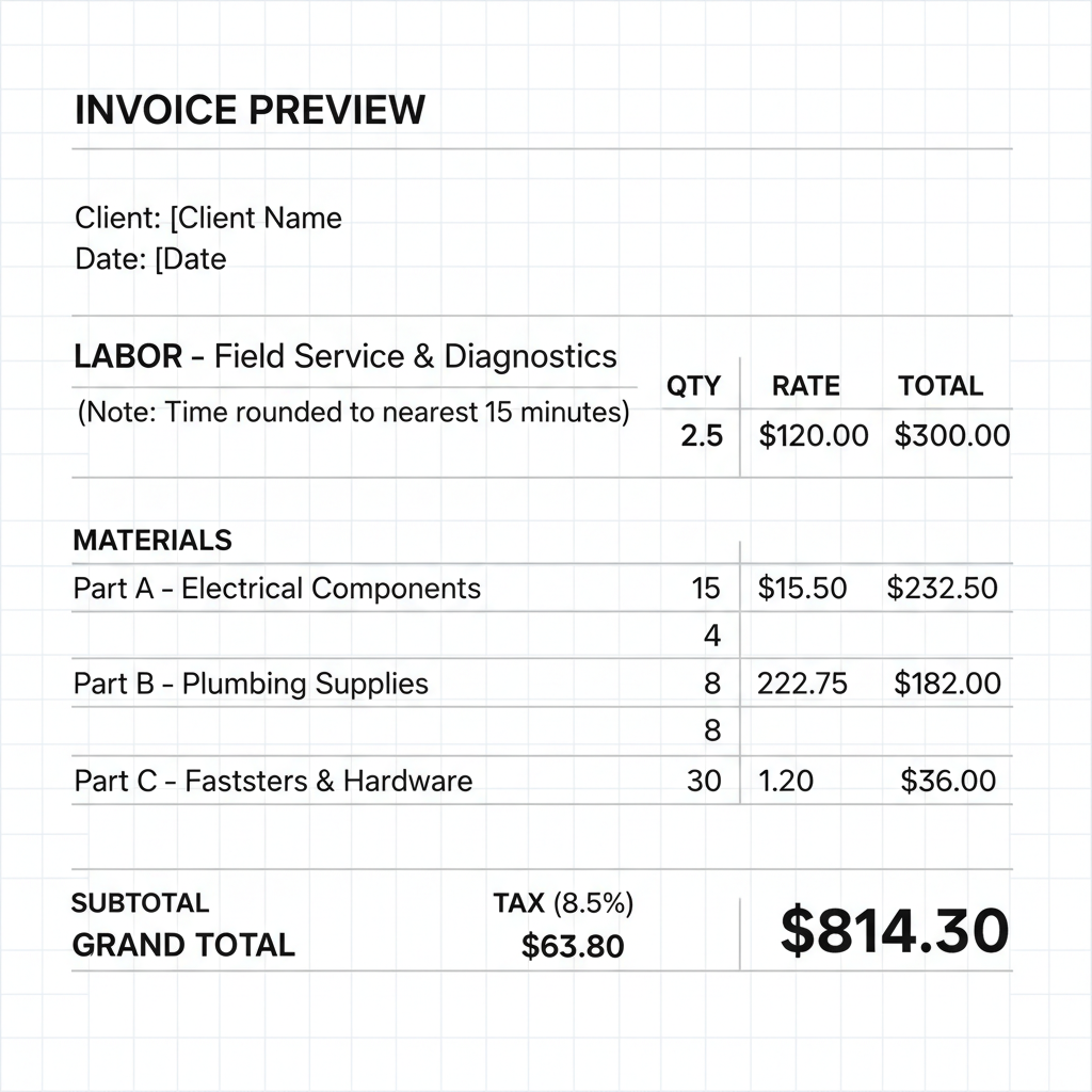 Visualisierung einer Rechnungsvorlage: eine Arbeitszeit-Position, mehrere Materialpositionen