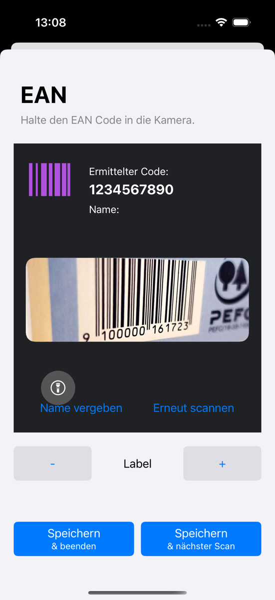 App-Screenshot: EAN-Scanner in Aktion