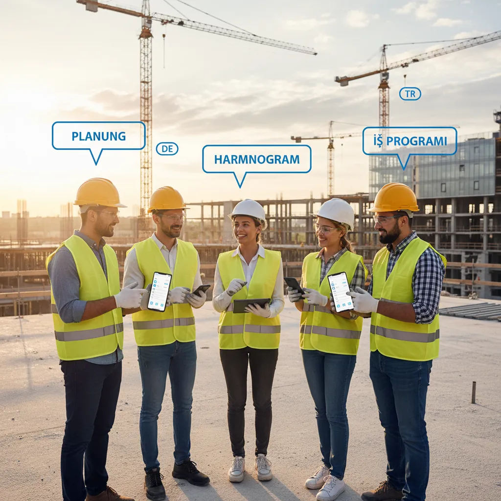 Mehrsprachiges Baustellen‑Team nutzt Heynote! mit deutscher, polnischer und türkischer Spracheingabe auf Smartphones