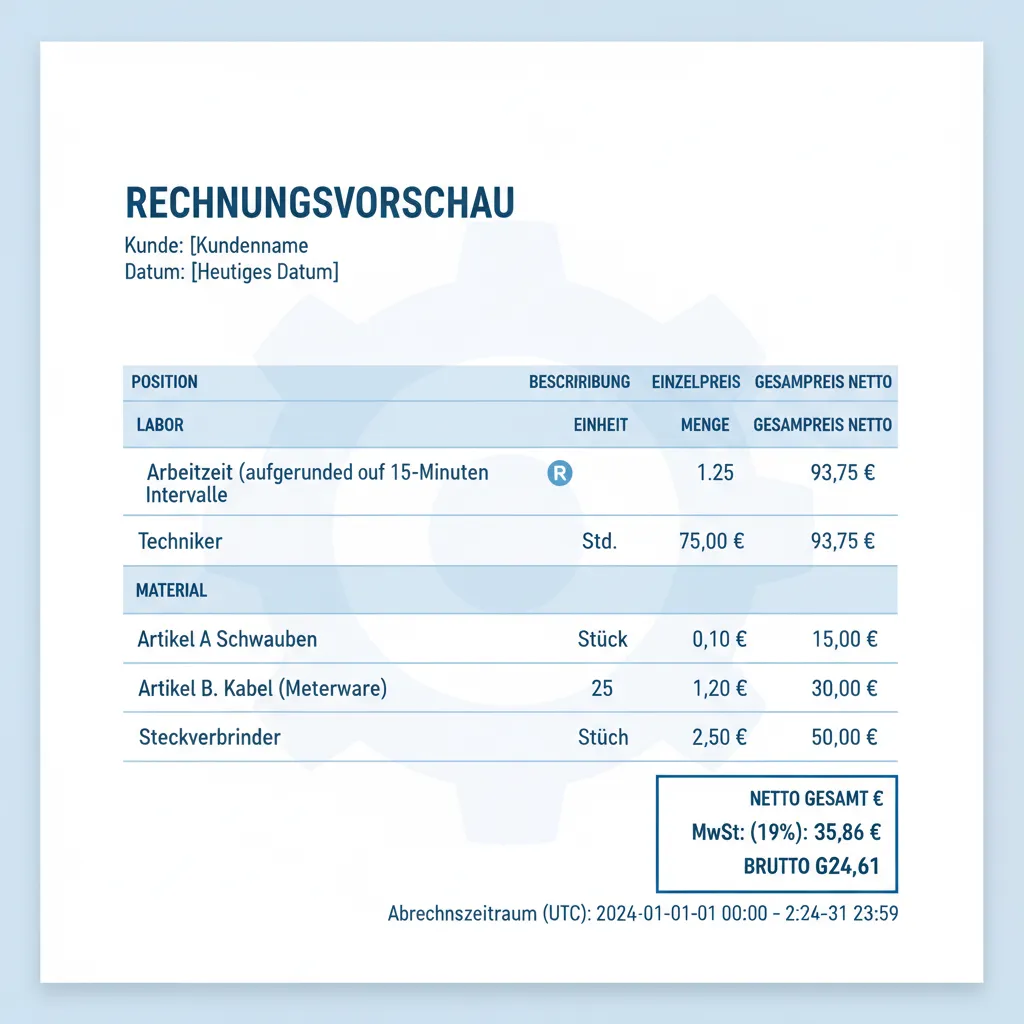 Deutschsprachige Rechnungsvorlage mit Arbeitszeit‑Gesamtposition und aggregierten Materialpositionen