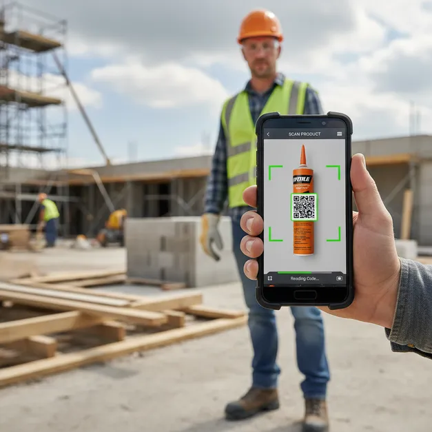 Baustellen‑Mitarbeiter scannt Material mit EAN‑Code in Heynote!