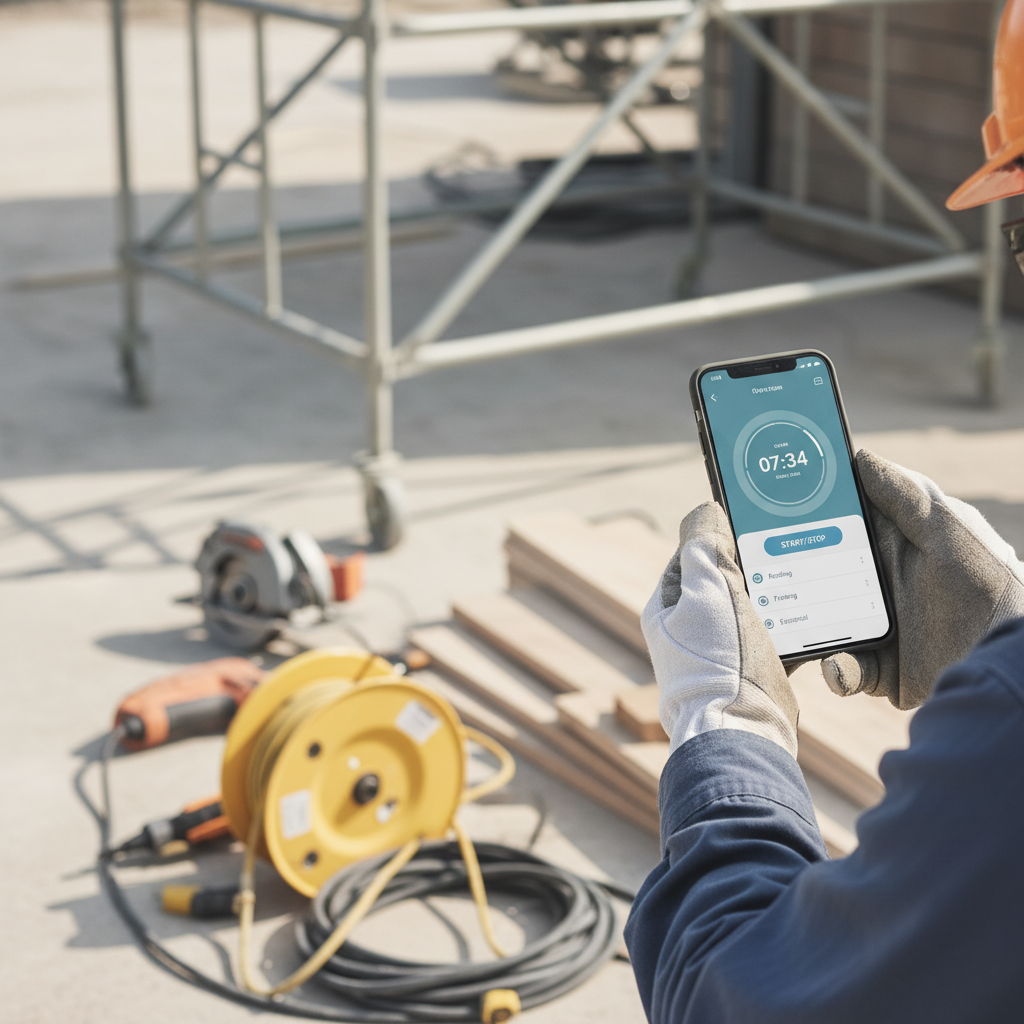 Zeiterfassung Baustelle App im Einsatz auf der Baustelle – Handy mit laufender Arbeitszeiterfassung