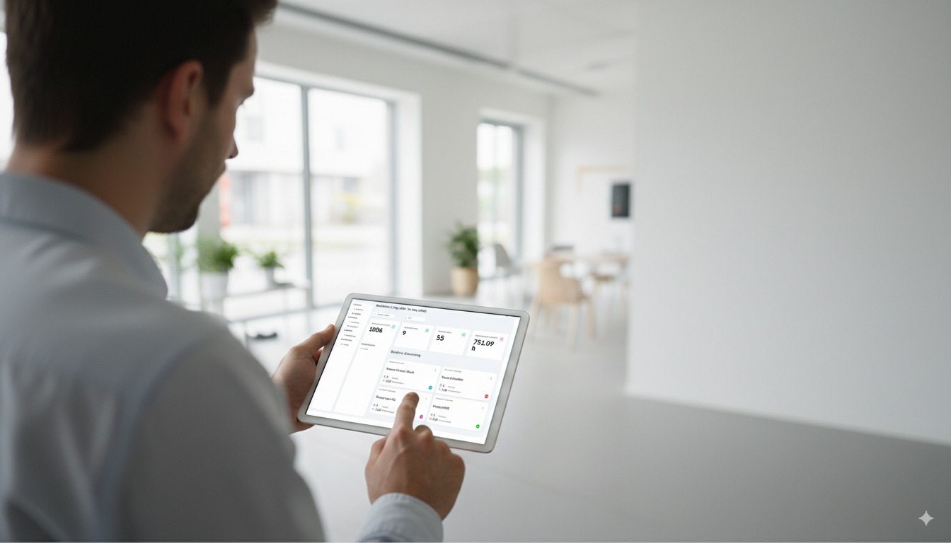 Heynote App Blog: Collage aus Smartphone mit Zeiterfassung und Backoffice-Ansicht, viel negative Fläche