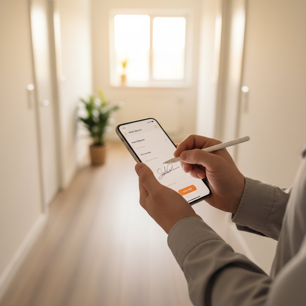 Kunde unterschreibt den digitalen Arbeitsbericht auf dem Smartphone des Monteurs