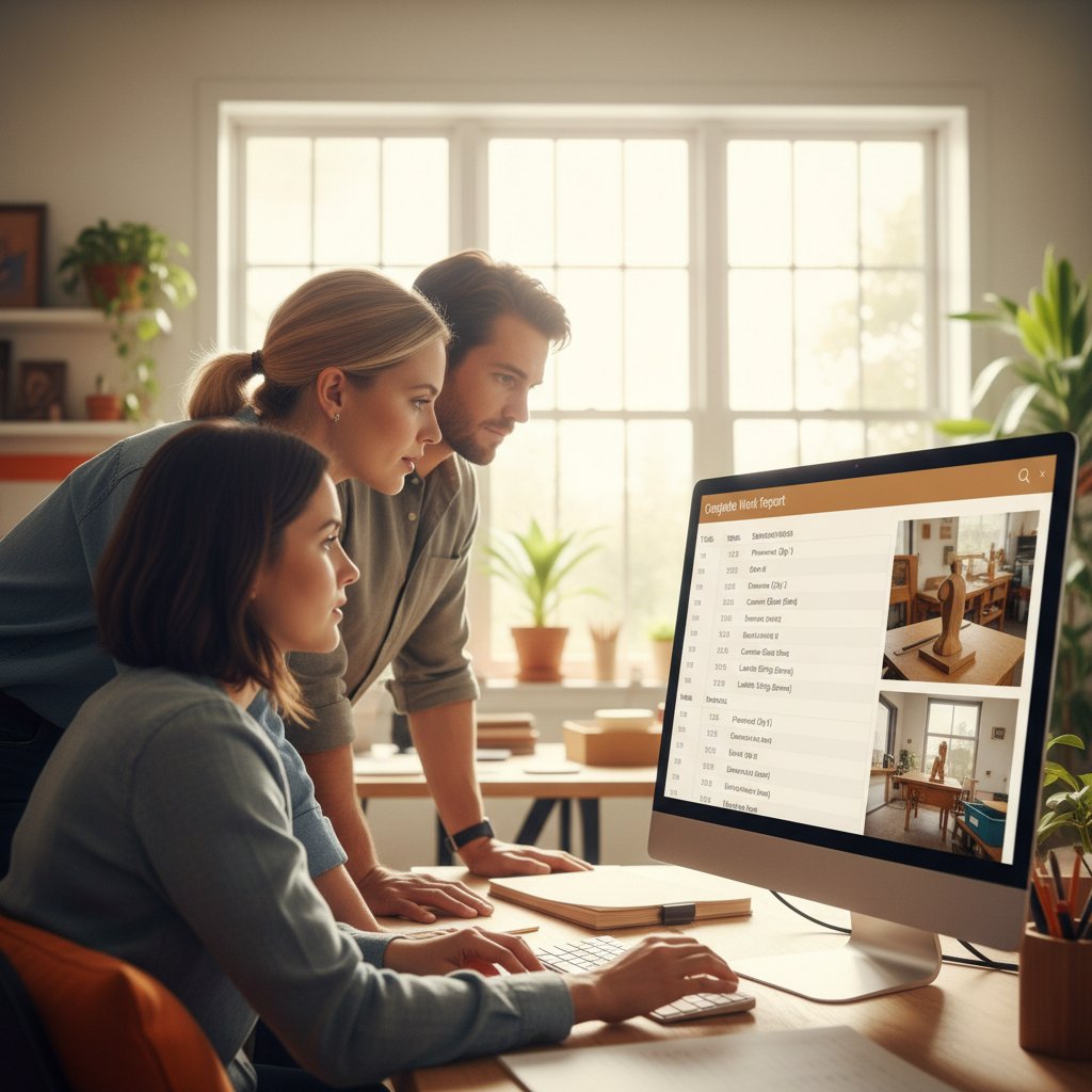 Büromitarbeiter prüft vollständigen digitalen Arbeitsnachweis im Backoffice