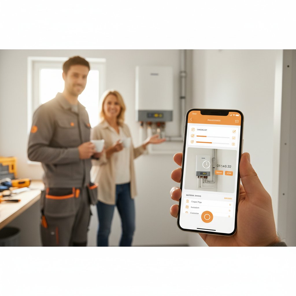Monteur dokumentiert einen Serviceeinsatz mit Smartphone: Zeit, Material und Foto am gleichen Auftrag