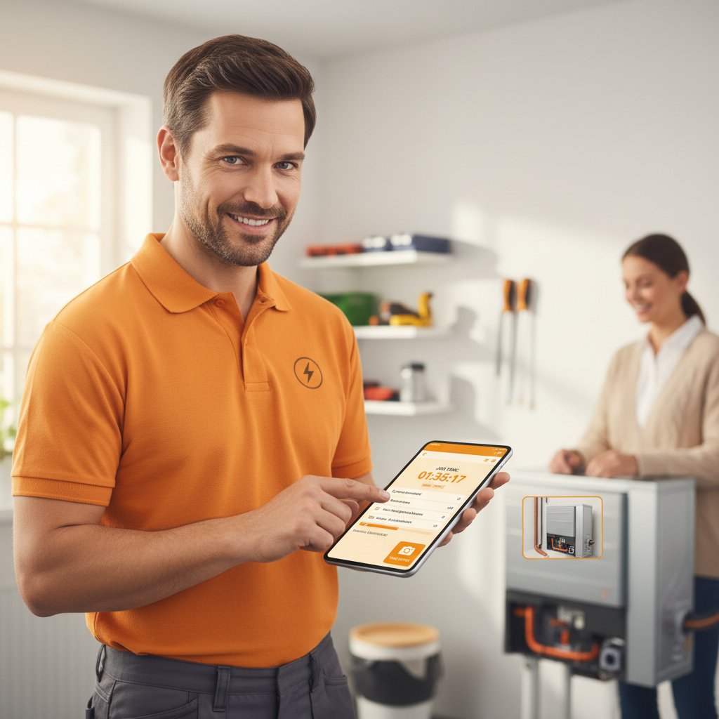 Monteur dokumentiert einen Serviceeinsatz mit Smartphone: Zeit, Material und Foto am gleichen Auftrag