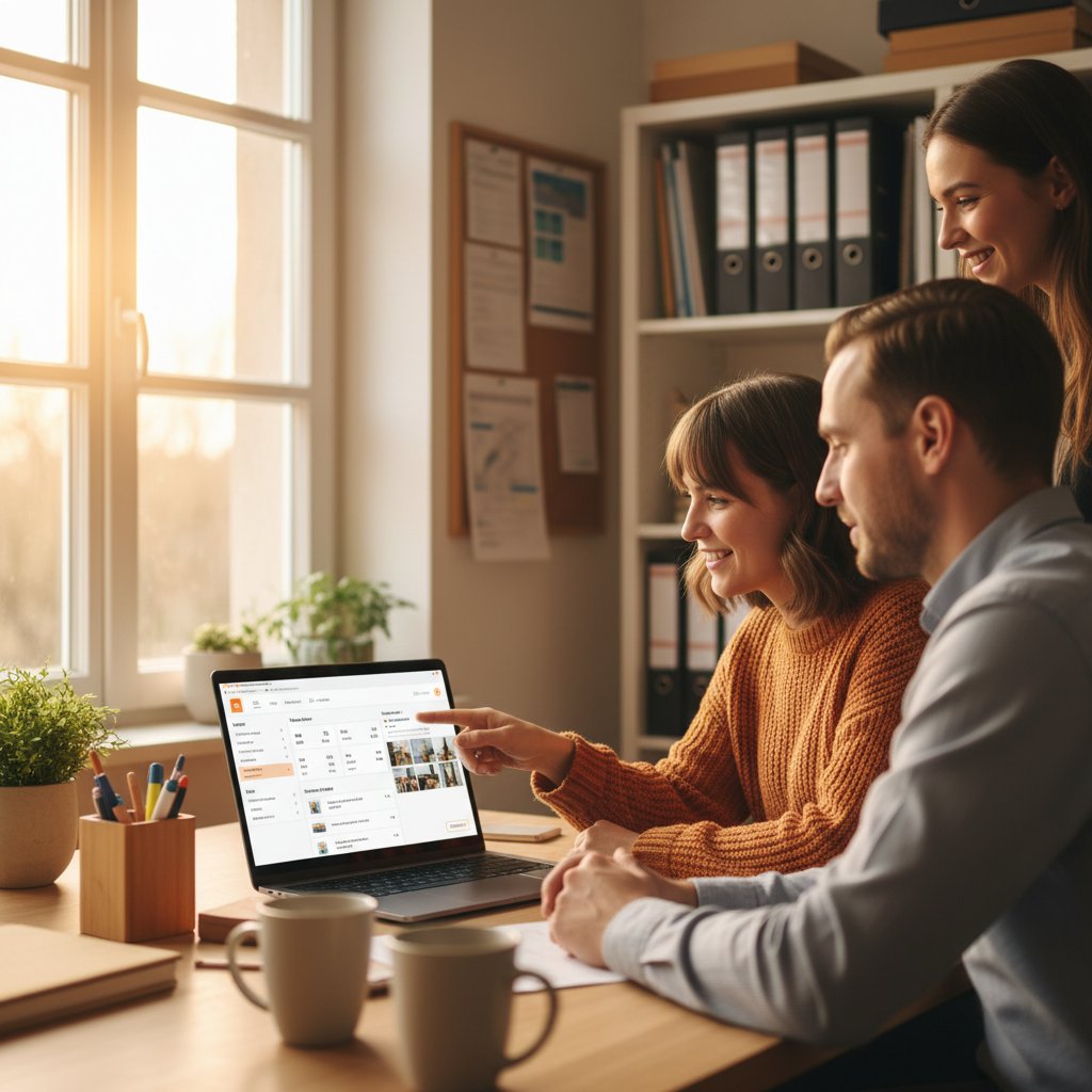 Büromitarbeiterin sieht auf dem Laptop die live eingegangene Auftragsdokumentation mit Fotos und Zeiten