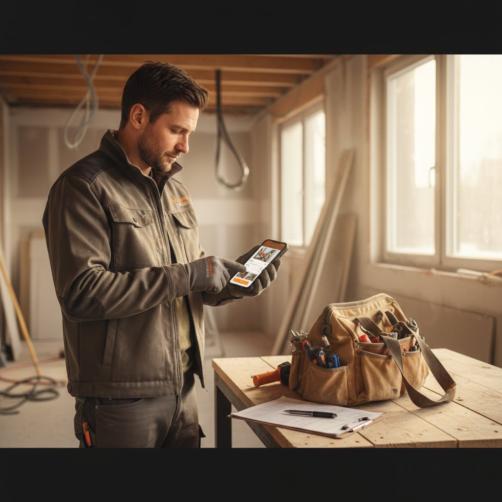 Monteur dokumentiert Einsatzzeit, Material und Fotos am Smartphone beim Kunden