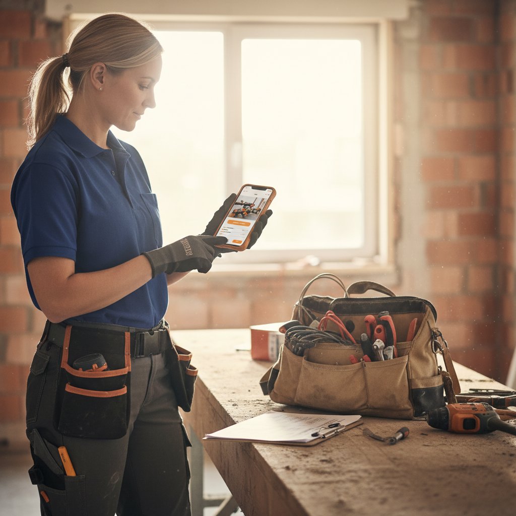 Monteur dokumentiert Einsatzzeit, Material und Fotos am Smartphone beim Kunden