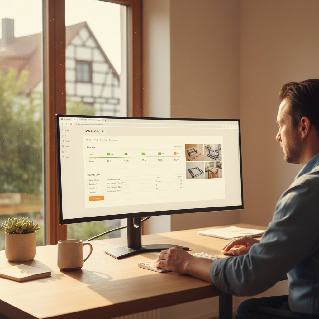 Backoffice-Ansicht mit projektbezogenen Zeiten, Materialpositionen und Fotos als Grundlage für die Rechnung