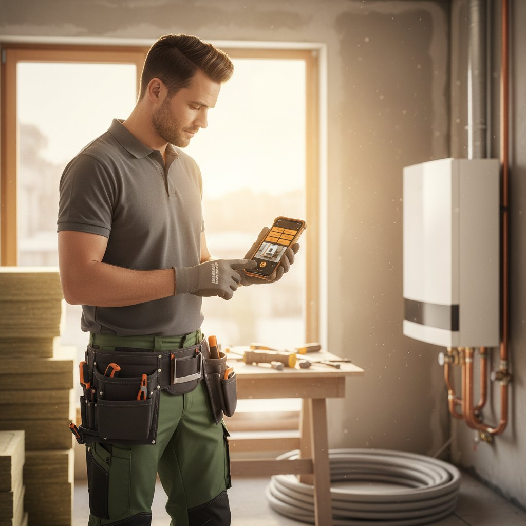 Monteur dokumentiert Zeit, Material und Fotos direkt auf der Baustelle per Smartphone