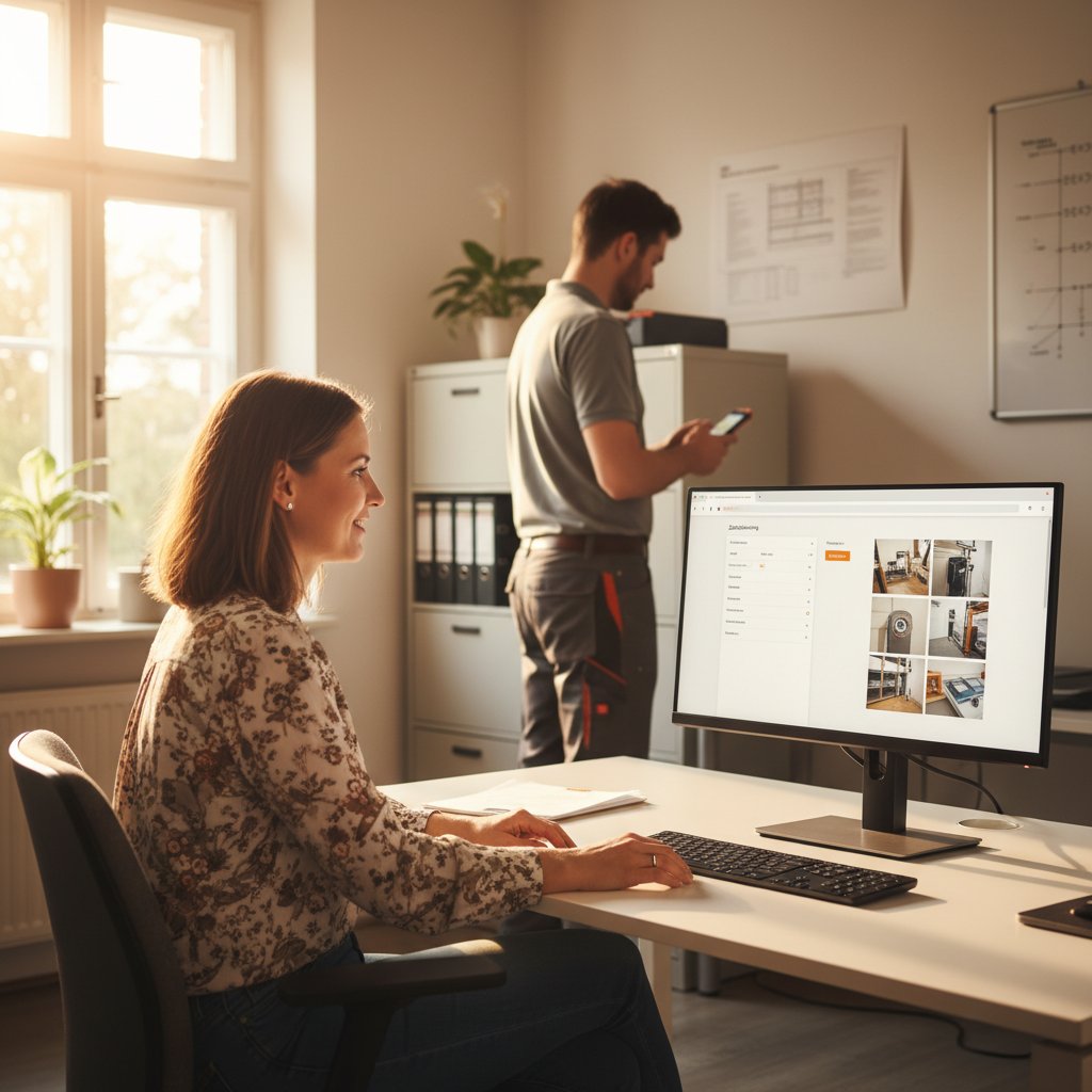 Büro sieht live die Baustellendokumentation eines Serviceeinsatzes mit Fotos und Materialliste