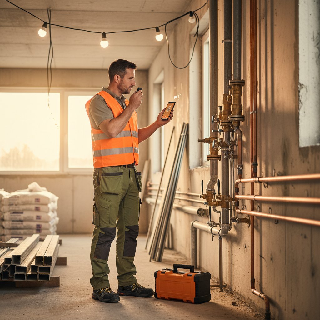 Monteur fotografiert eine Installation und spricht eine kurze Notiz ins Smartphone