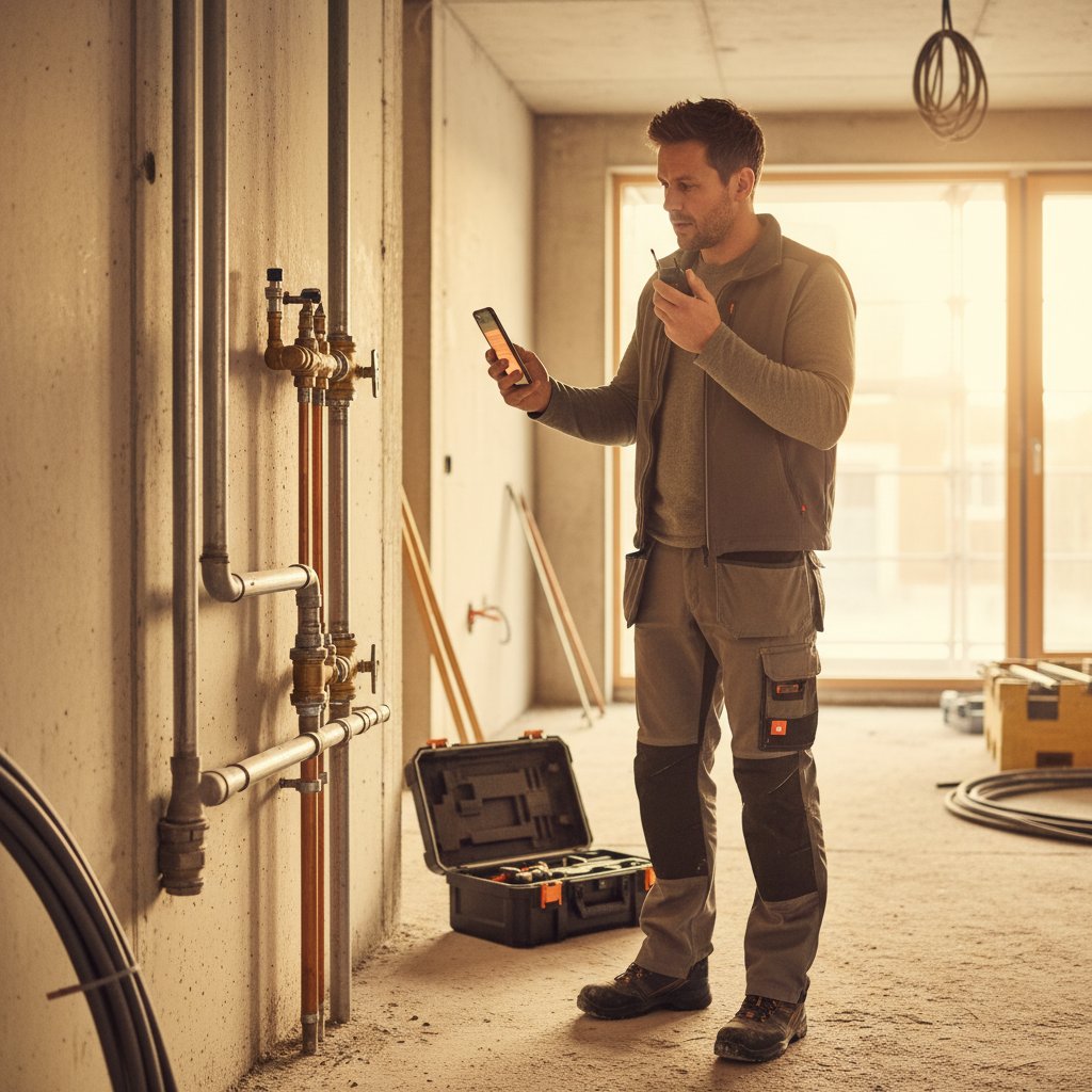 Monteur fotografiert eine Installation und spricht eine kurze Notiz ins Smartphone