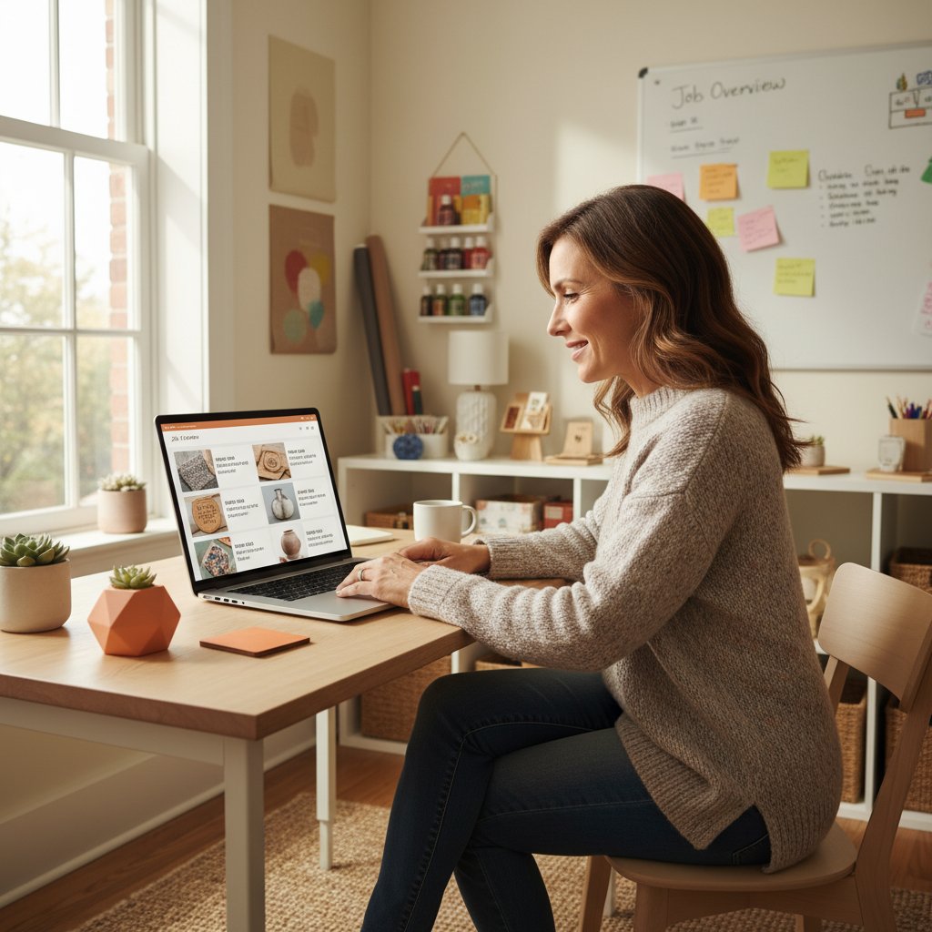 Büromitarbeiterin sieht projektbezogene Fotos und Notizen in einer Auftragsübersicht