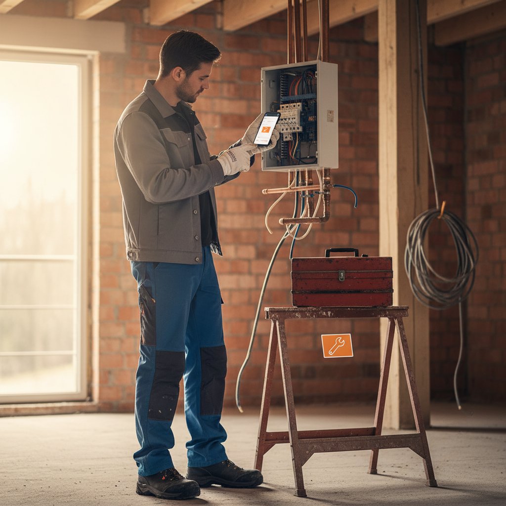 Monteur dokumentiert Zeiten und Fotos direkt am Auftrag auf dem Smartphone