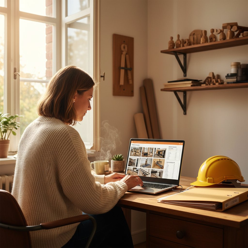 Büromitarbeiter sieht Baustellen-Dokumentation mit Fotos und Zeiten im Backoffice