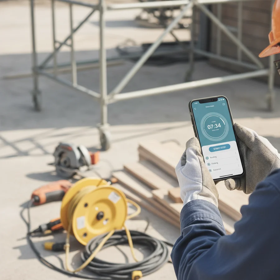 Monteur erfasst Zeiten und Fotos in einer Leistungsnachweis-App auf der Baustelle