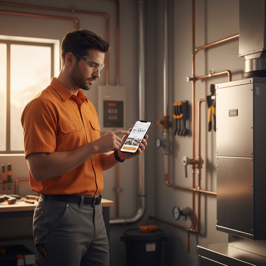 Monteur erfasst Zeiten und Fotos in einer Leistungsnachweis-App auf der Baustelle