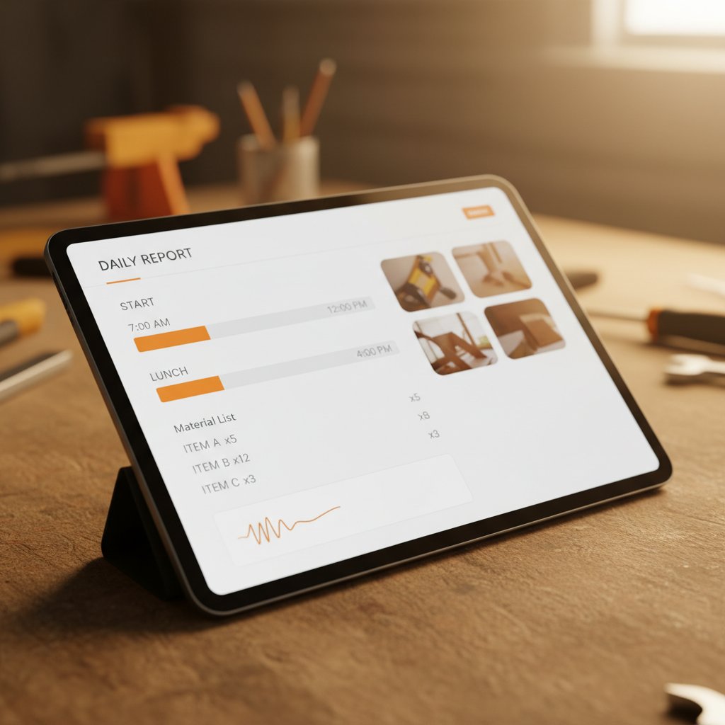 Digitaler Tagesbericht mit Zeiten, Materialpositionen und Unterschrift auf einem Tablet