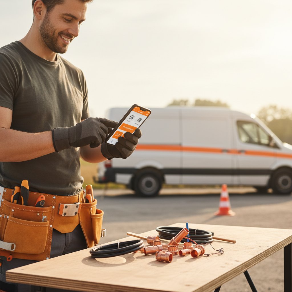 Monteur erfasst Material per Smartphone direkt am Einsatzort