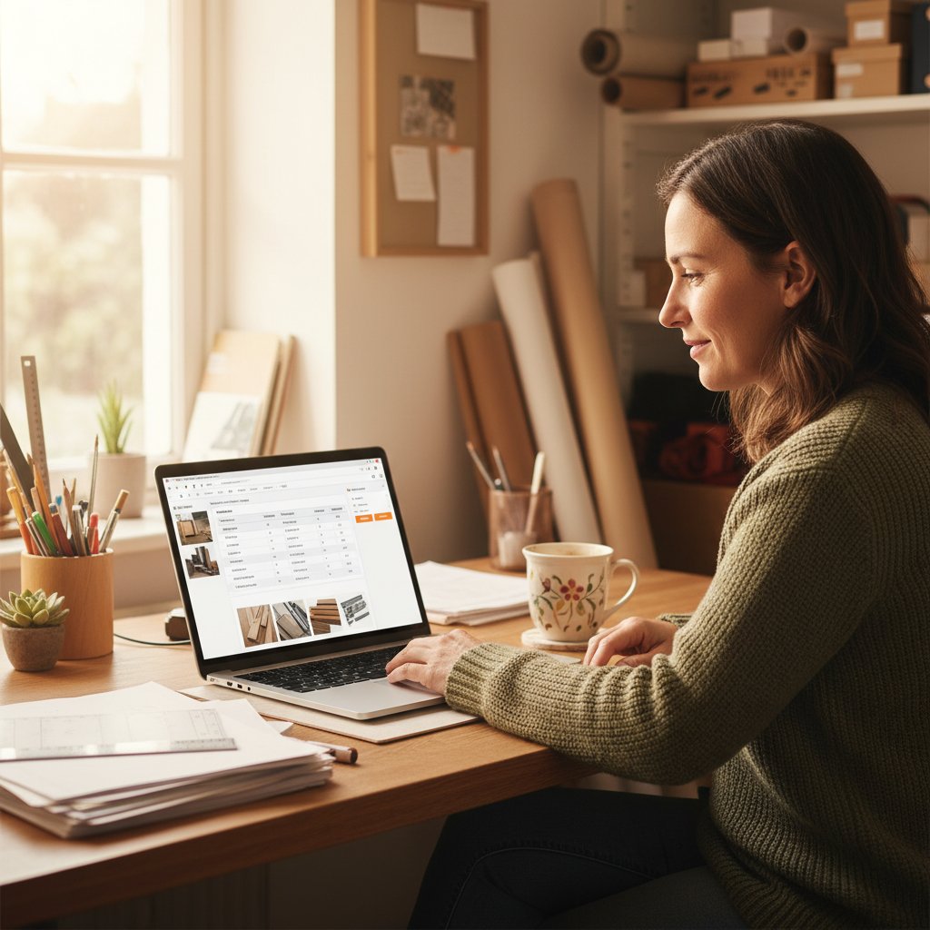 Projektübersicht im Büro mit Materialpositionen und Fotos