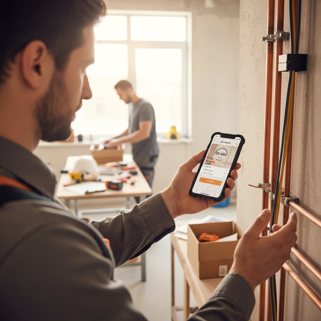 Monteur erfasst Regiearbeit digital am Smartphone und fotografiert die ausgeführte Leistung