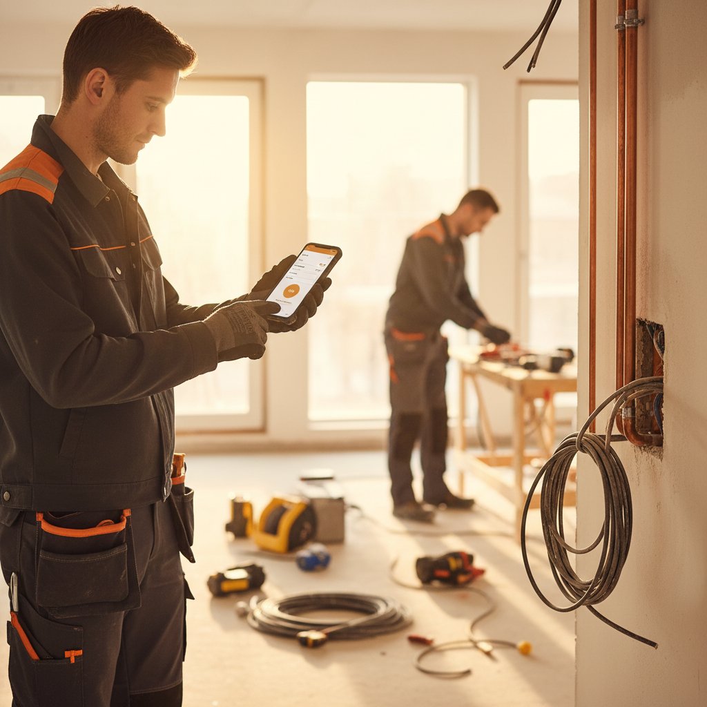 Monteur erfasst Regiearbeit digital am Smartphone und fotografiert die ausgeführte Leistung