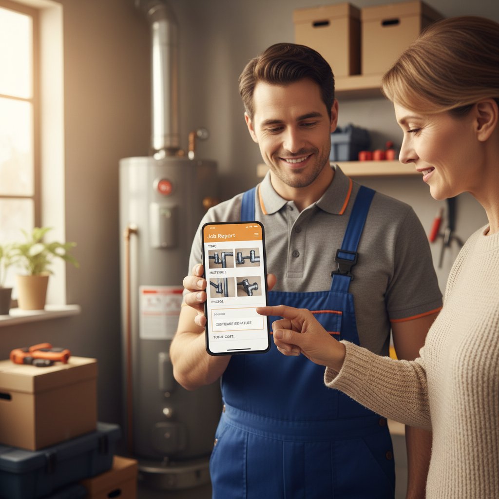 Kunde unterschreibt digital einen Rapportzettel auf dem Smartphone des Monteurs