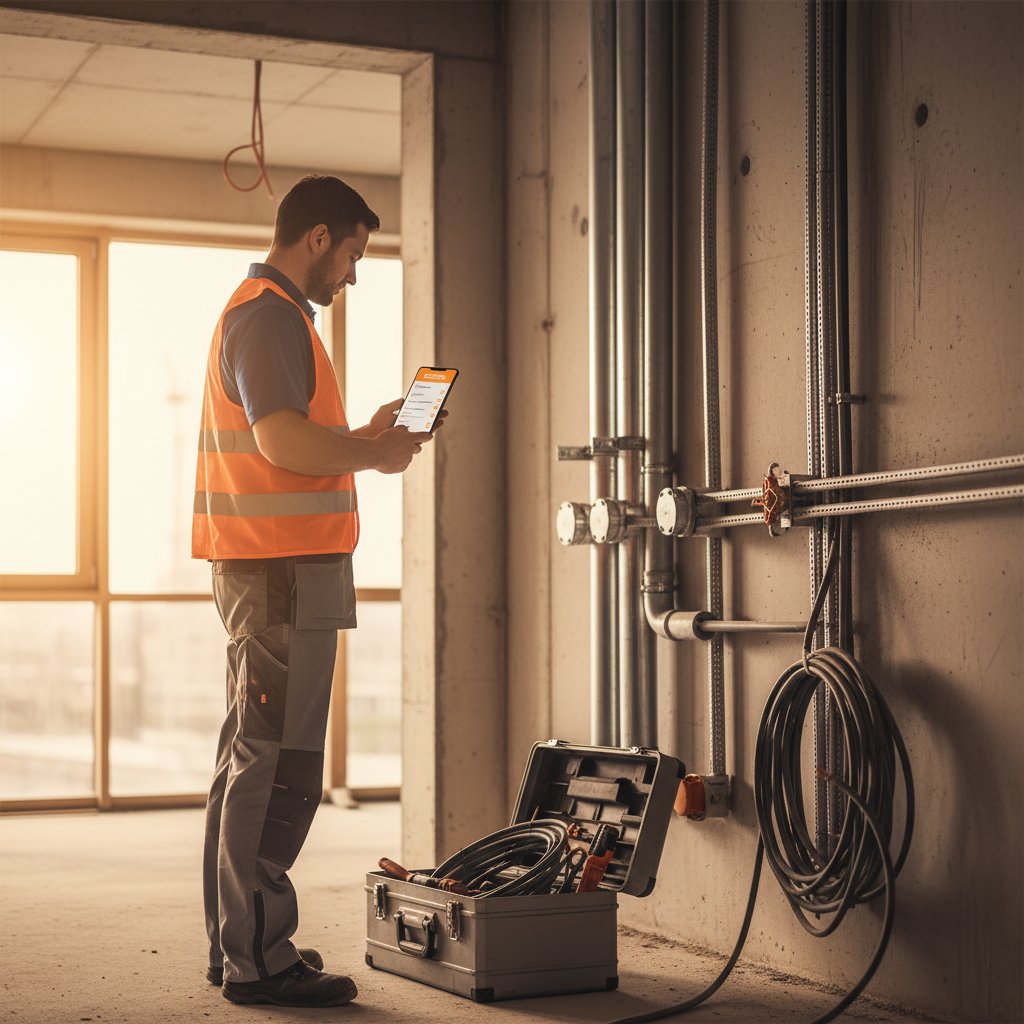 Monteur stempelt per App auf der Baustelle ein und ergänzt Foto und Material