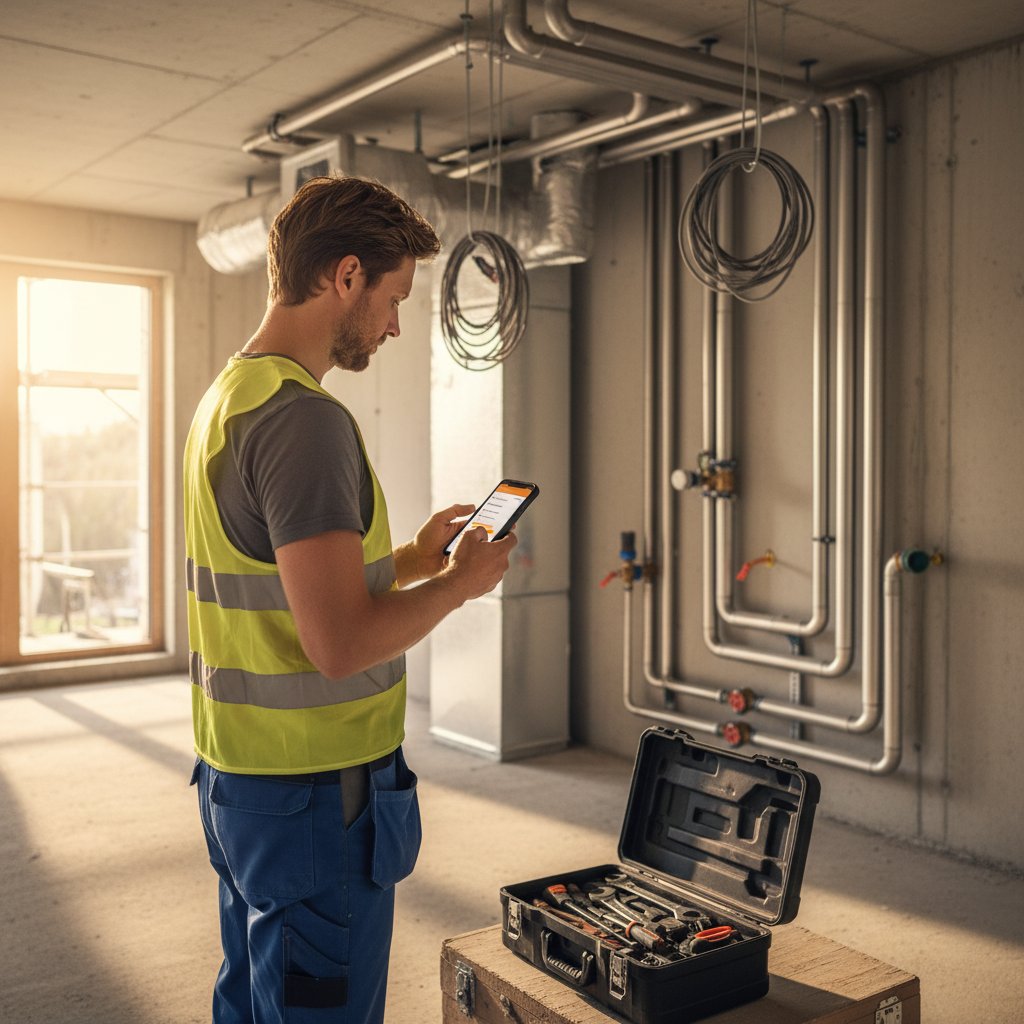 Monteur stempelt per App auf der Baustelle ein und ergänzt Foto und Material